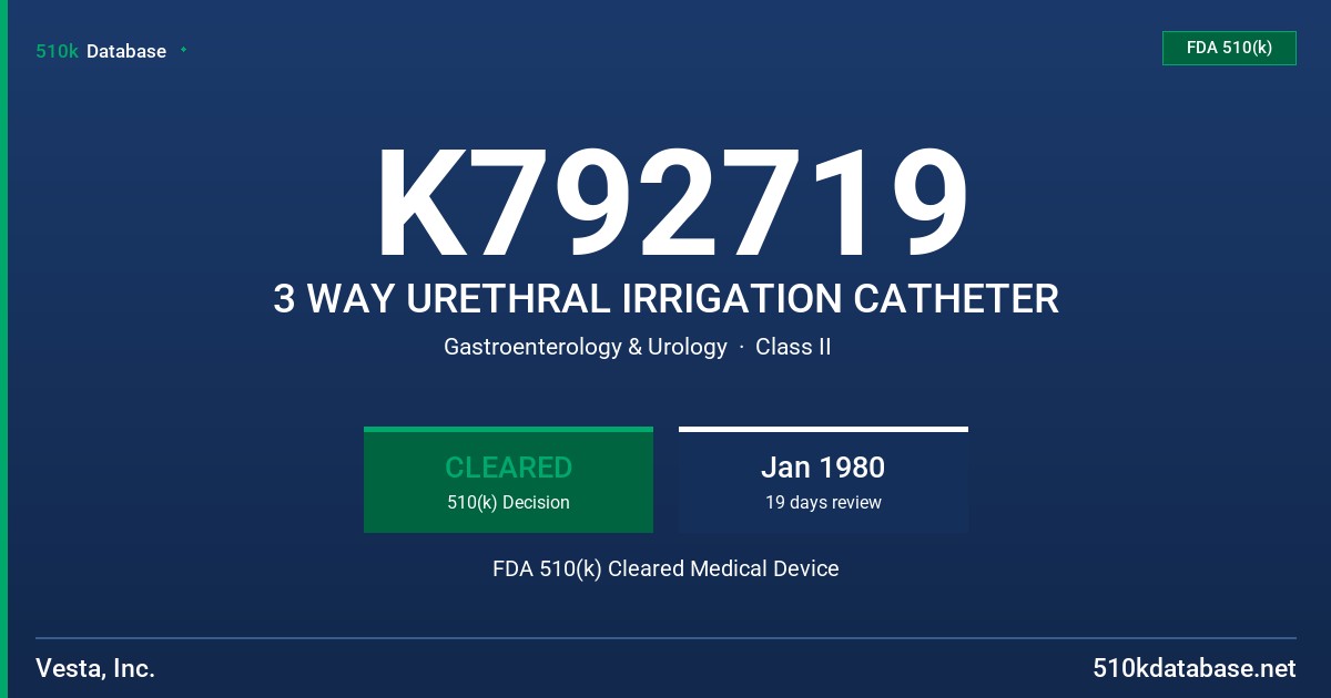 K792719 3 WAY URETHRAL IRRIGATION CATHETER FDA 510(k) Cleared Medical Device