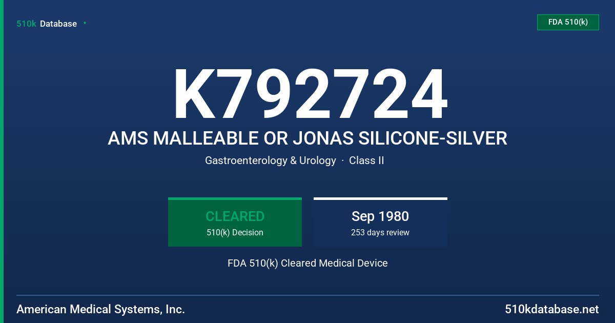 K792724 AMS MALLEABLE OR JONAS SILICONE-SILVER FDA 510(k) Cleared Medical Device