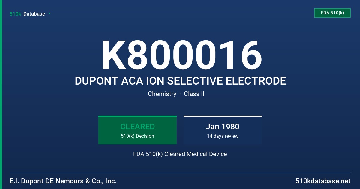 K800016 DUPONT ACA ION SELECTIVE ELECTRODE FDA 510(k) Cleared Medical Device