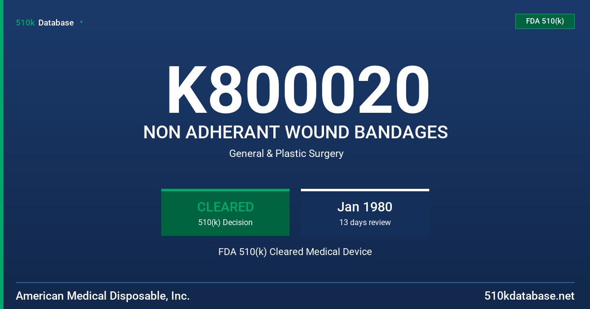 K800020 NON ADHERANT WOUND BANDAGES FDA 510(k) Cleared Medical Device