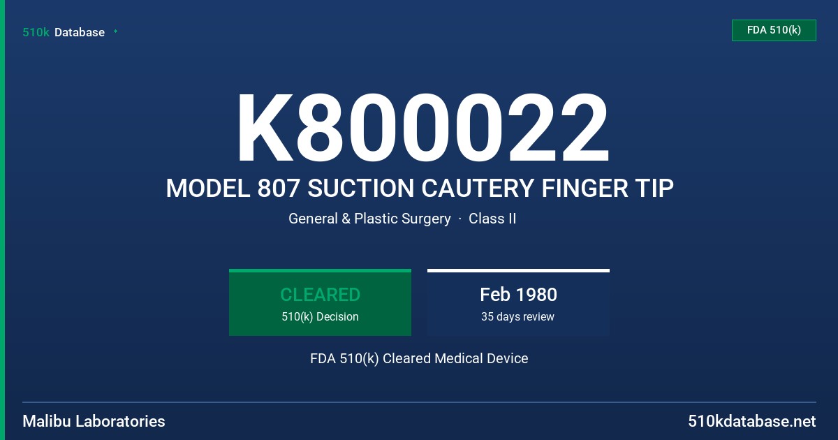 K800022 MODEL 807 SUCTION CAUTERY FINGER TIP FDA 510(k) Cleared Medical Device