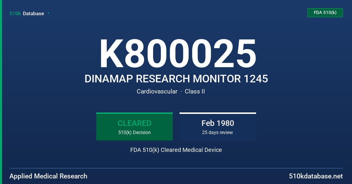 K800025 DINAMAP RESEARCH MONITOR 1245 FDA 510(k) Cleared Medical Device