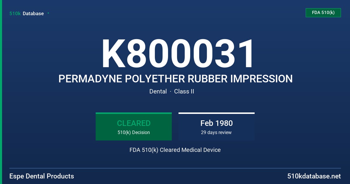 K800031 PERMADYNE POLYETHER RUBBER IMPRESSION FDA 510(k) Cleared Medical Device