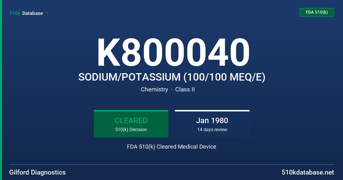 K800040 SODIUM/POTASSIUM (100/100 MEQ/E) FDA 510(k) Cleared Medical Device
