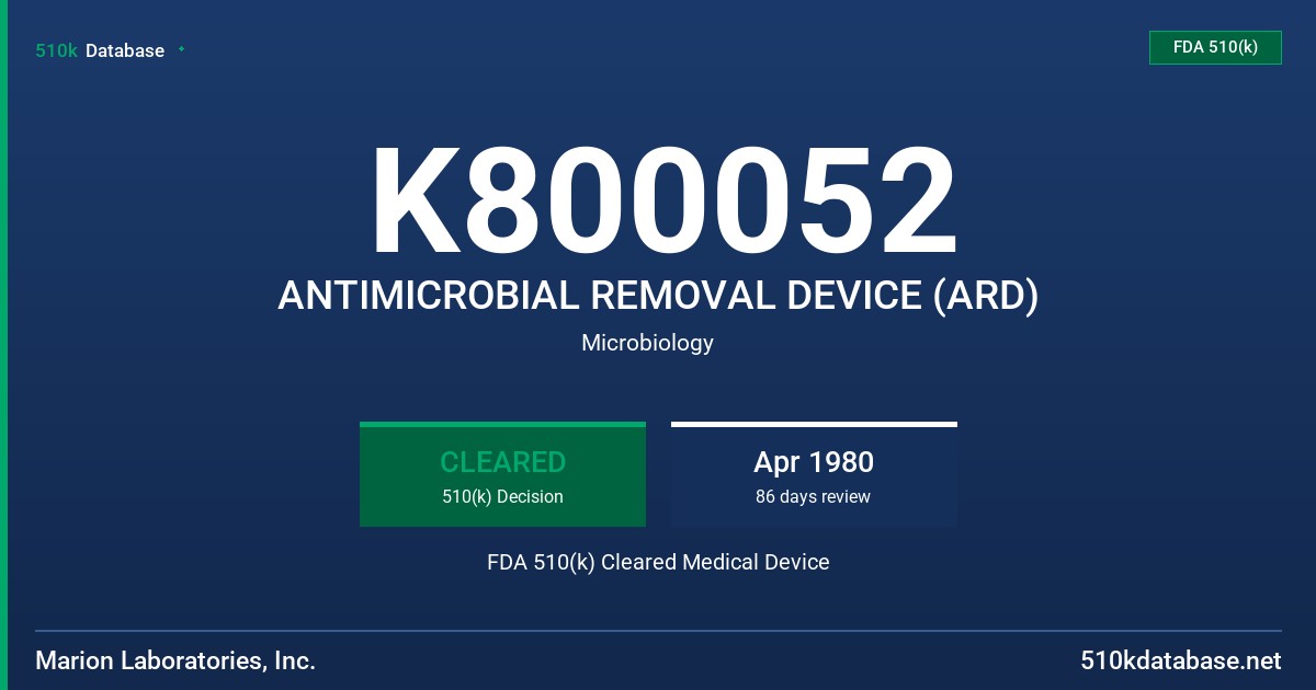 K800052 ANTIMICROBIAL REMOVAL DEVICE (ARD) FDA 510(k) Cleared Medical Device