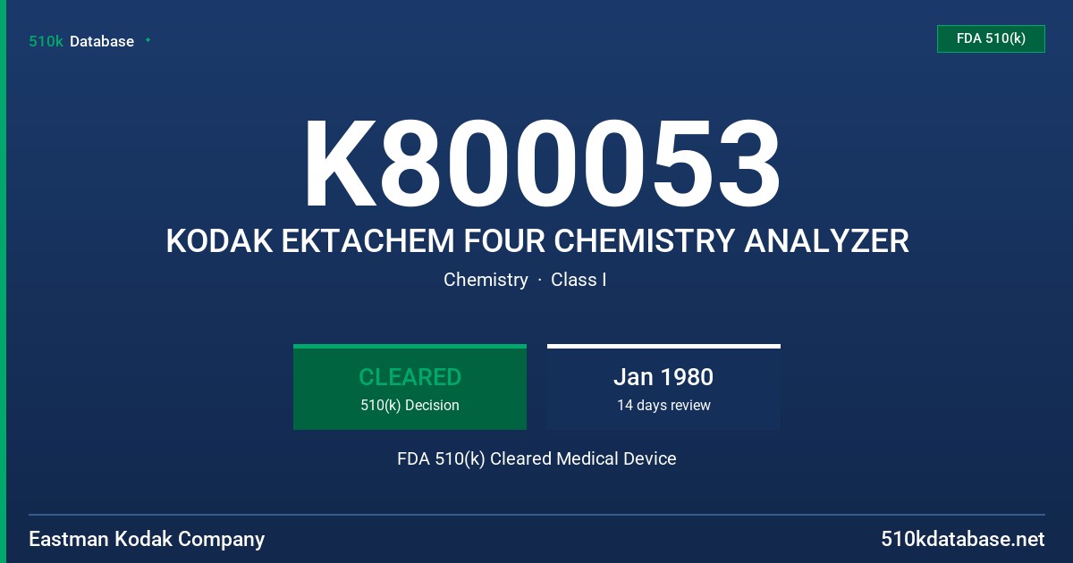 K800053 KODAK EKTACHEM FOUR CHEMISTRY ANALYZER FDA 510(k) Cleared Medical Device