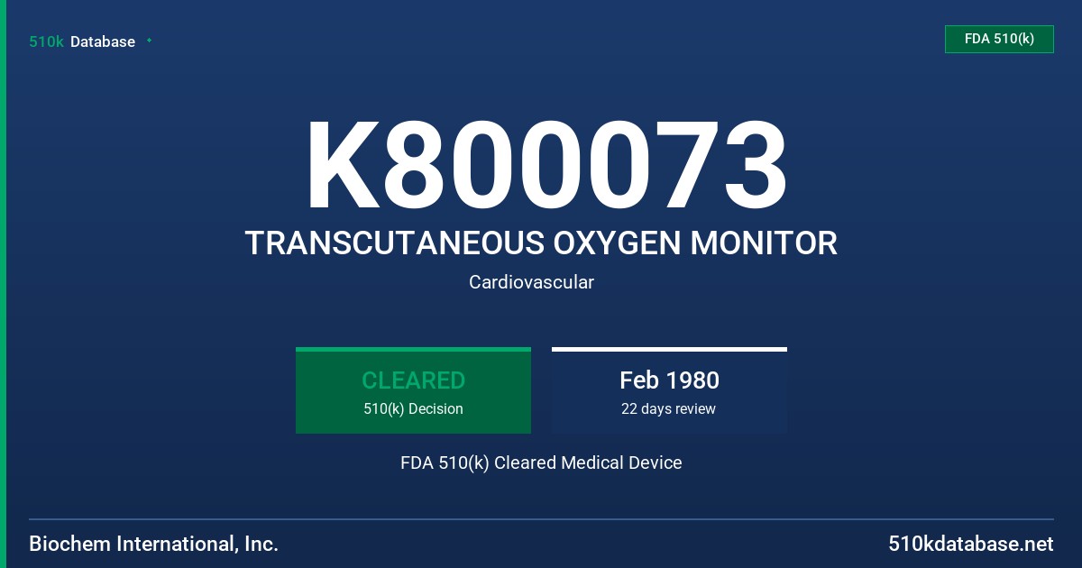 K800073 TRANSCUTANEOUS OXYGEN MONITOR FDA 510(k) Cleared Medical Device