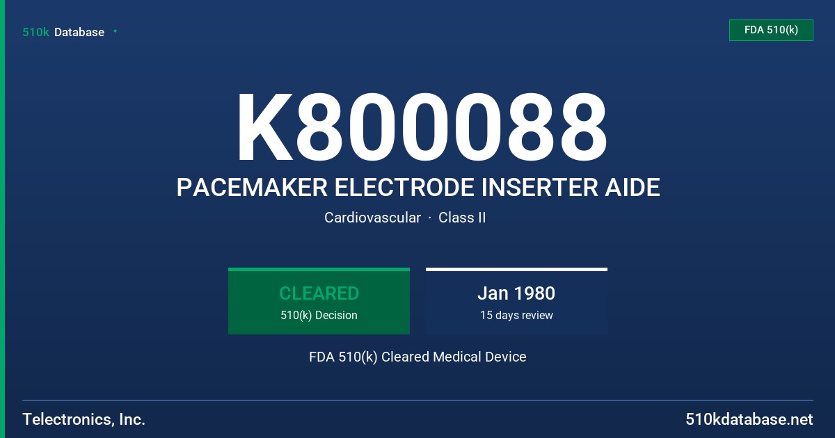 K800088 PACEMAKER ELECTRODE INSERTER AIDE FDA 510(k) Cleared Medical Device