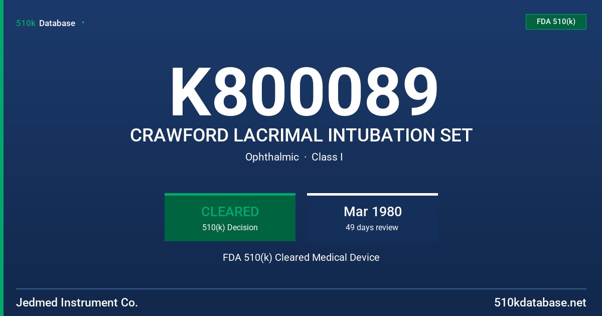 K800089 CRAWFORD LACRIMAL INTUBATION SET FDA 510(k) Cleared Medical Device