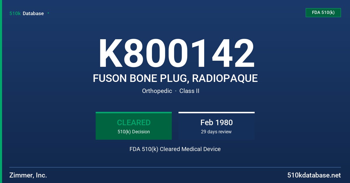 K800142 FUSON BONE PLUG, RADIOPAQUE FDA 510(k) Cleared Medical Device