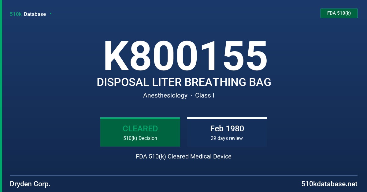 K800155 DISPOSAL LITER BREATHING BAG FDA 510(k) Cleared Medical Device