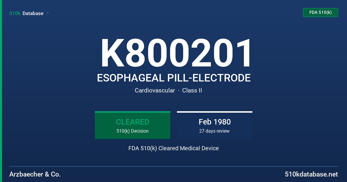 K800201 ESOPHAGEAL PILL-ELECTRODE FDA 510(k) Cleared Medical Device