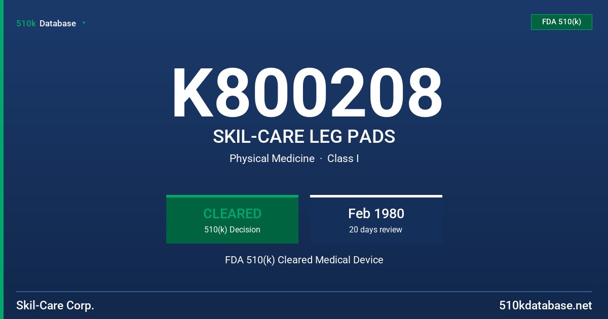 K800208 SKIL-CARE LEG PADS FDA 510(k) Cleared Medical Device