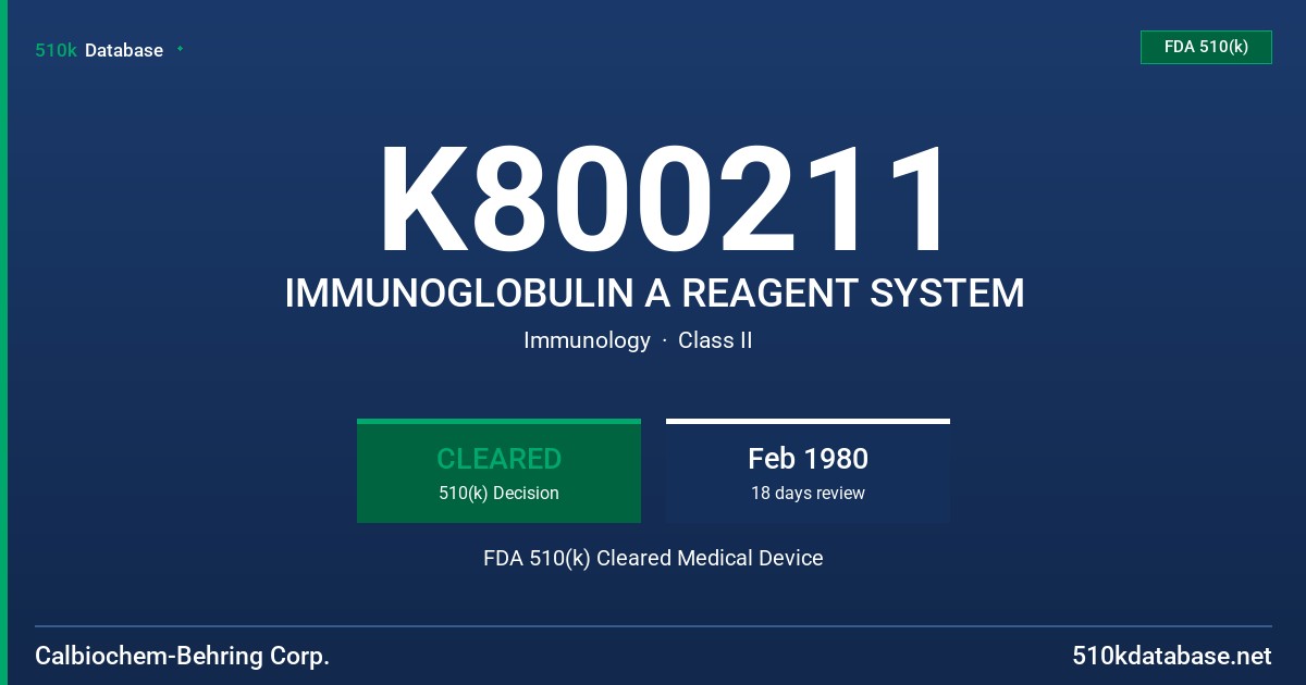 K800211 IMMUNOGLOBULIN A REAGENT SYSTEM FDA 510(k) Cleared Medical Device