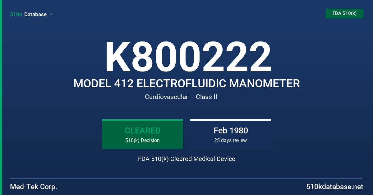 K800222 MODEL 412 ELECTROFLUIDIC MANOMETER FDA 510(k) Cleared Medical Device