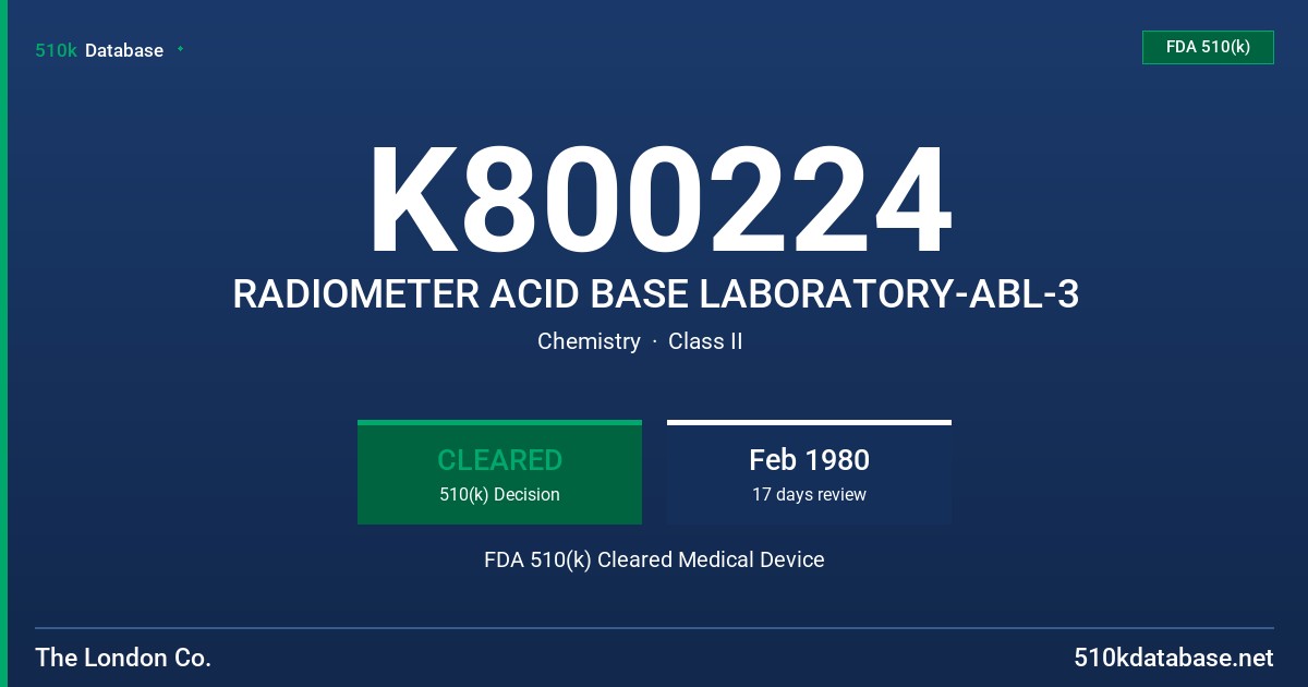 K800224 RADIOMETER ACID BASE LABORATORY-ABL-3 FDA 510(k) Cleared Medical Device
