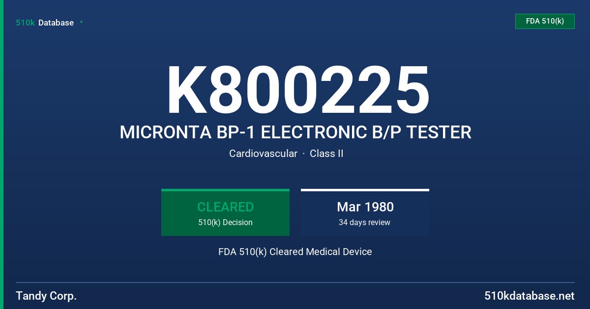 K800225 MICRONTA BP-1 ELECTRONIC B/P TESTER FDA 510(k) Cleared Medical Device