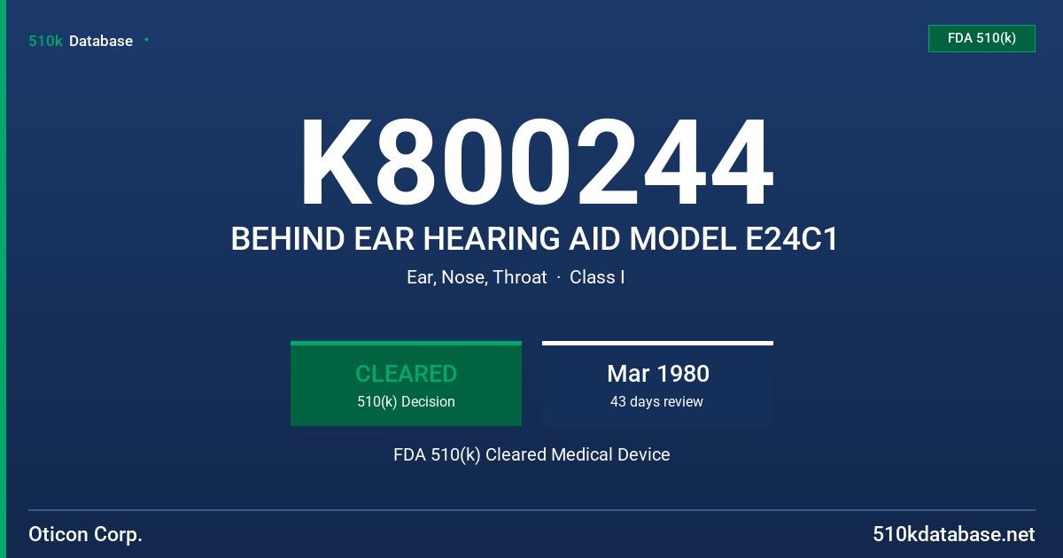 K800244 BEHIND EAR HEARING AID MODEL E24C1 FDA 510(k) Cleared Medical Device
