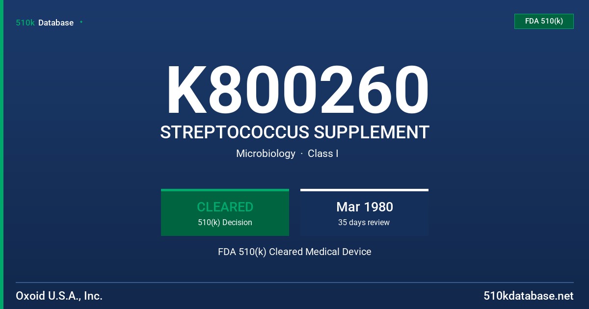 K800260 STREPTOCOCCUS SUPPLEMENT FDA 510(k) Cleared Medical Device