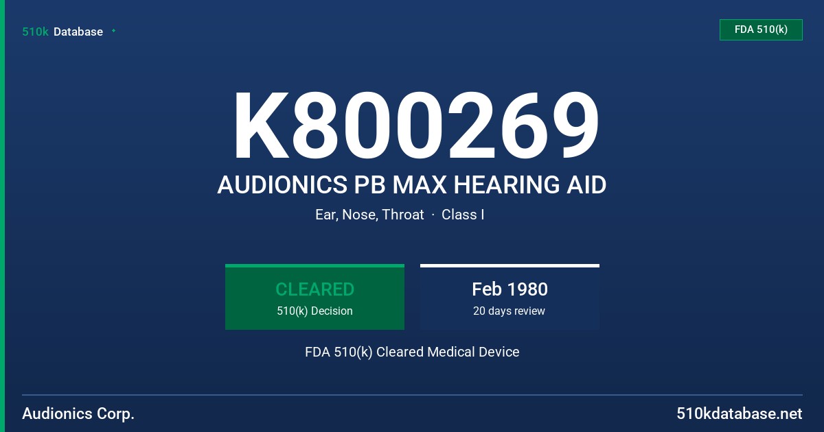 K800269 AUDIONICS PB MAX HEARING AID FDA 510(k) Cleared Medical Device