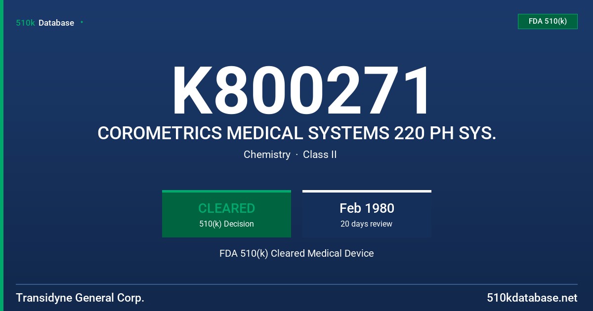 K800271 COROMETRICS MEDICAL SYSTEMS 220 PH SYS. FDA 510(k) Cleared Medical Device