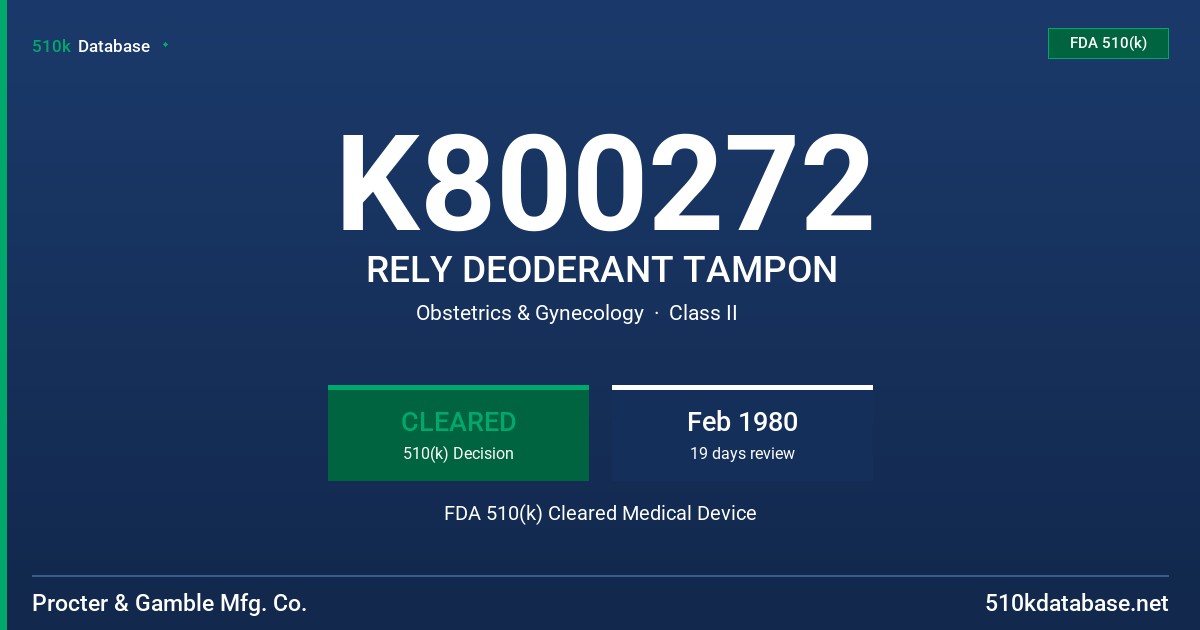 K800272 RELY DEODERANT TAMPON FDA 510(k) Cleared Medical Device