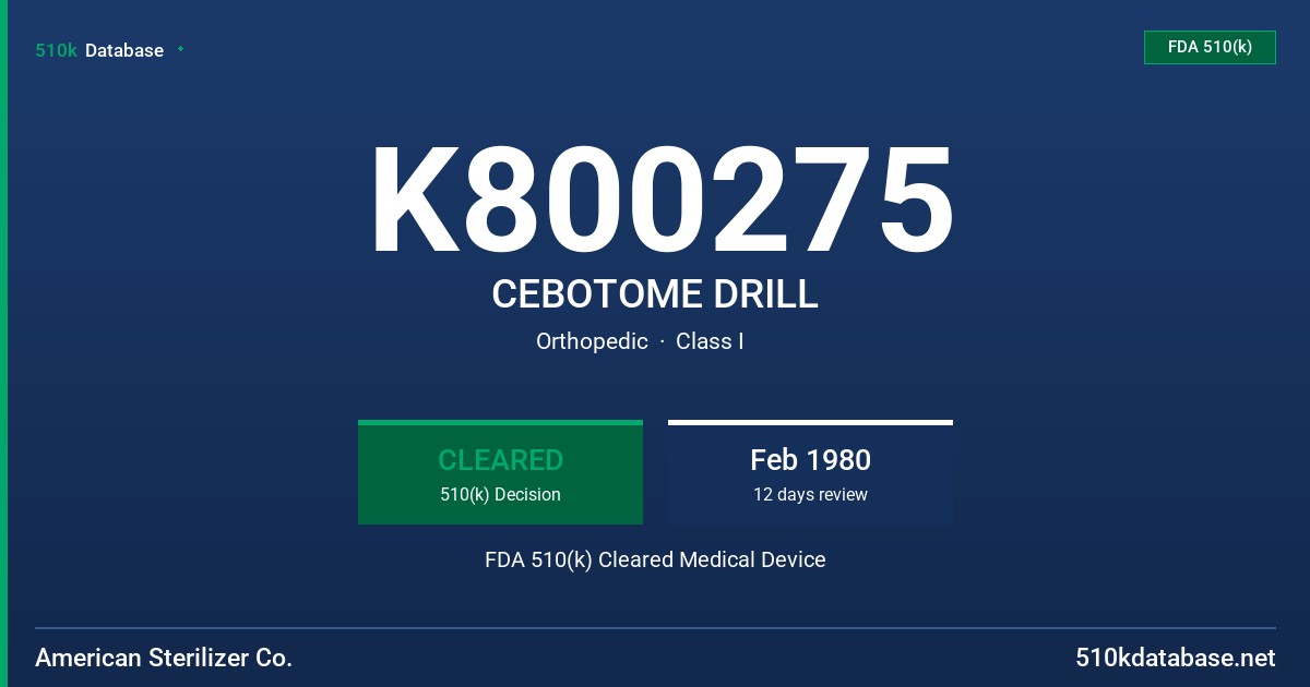 K800275 CEBOTOME DRILL FDA 510(k) Cleared Medical Device