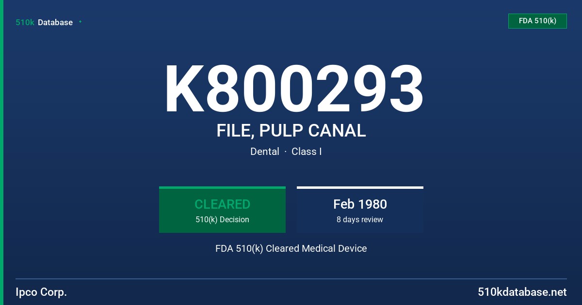 K800293 FILE, PULP CANAL FDA 510(k) Cleared Medical Device