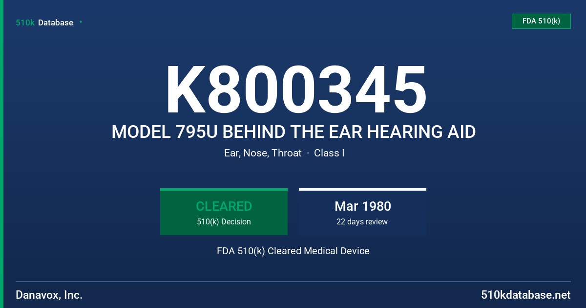 K800345 MODEL 795U BEHIND THE EAR HEARING AID FDA 510(k) Cleared Medical Device