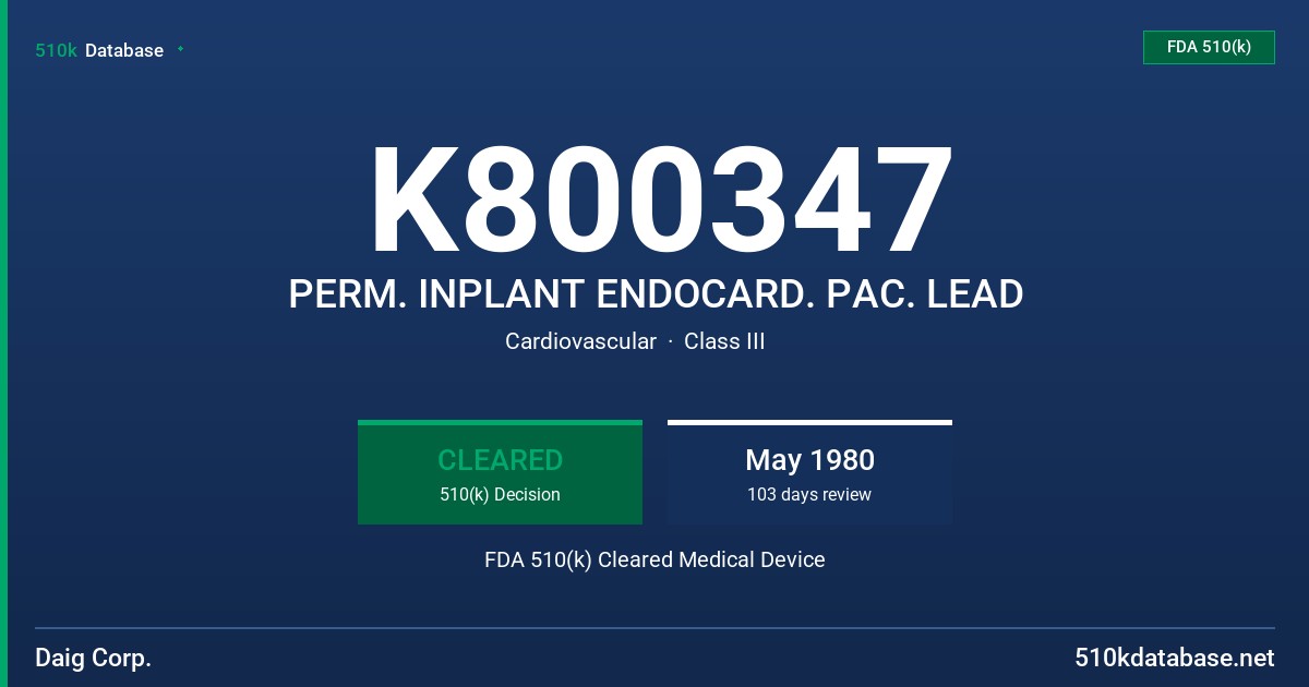 K800347 PERM. INPLANT ENDOCARD. PAC. LEAD FDA 510(k) Cleared Medical Device