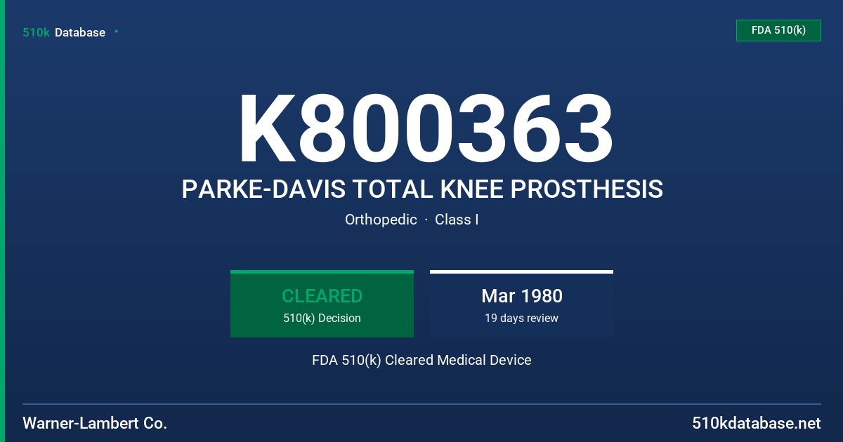 K800363 PARKE-DAVIS TOTAL KNEE PROSTHESIS FDA 510(k) Cleared Medical Device