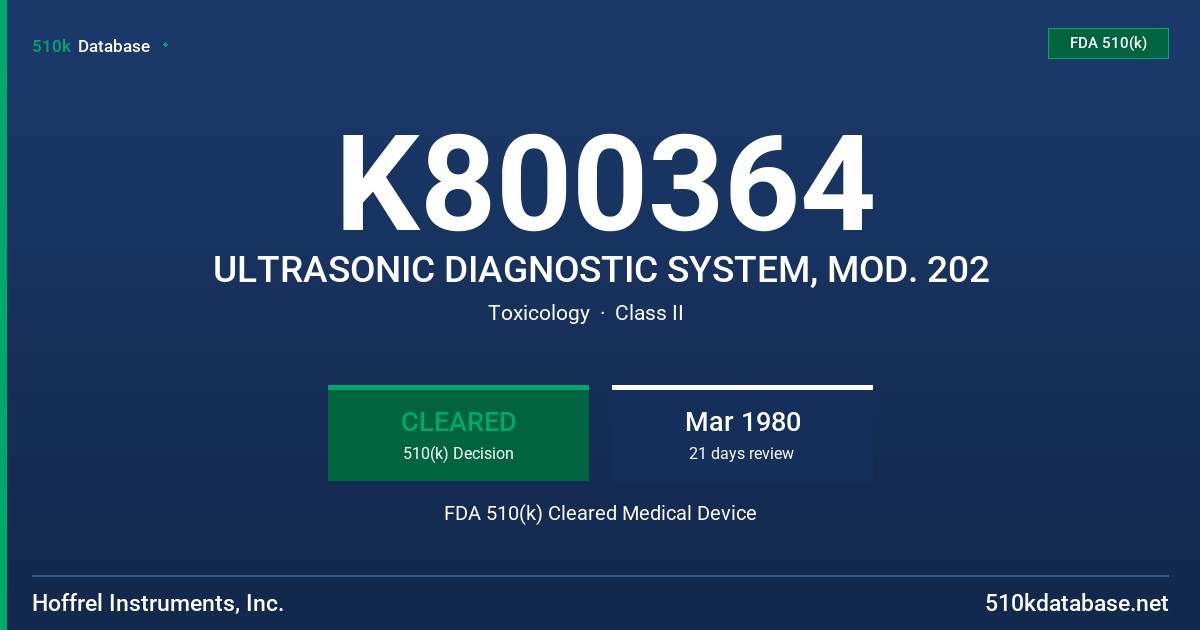 K800364 ULTRASONIC DIAGNOSTIC SYSTEM, MOD. 202 FDA 510(k) Cleared Medical Device