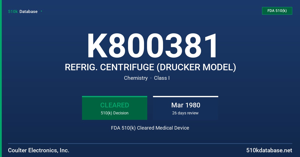 K800381 REFRIG. CENTRIFUGE (DRUCKER MODEL) FDA 510(k) Cleared Medical Device