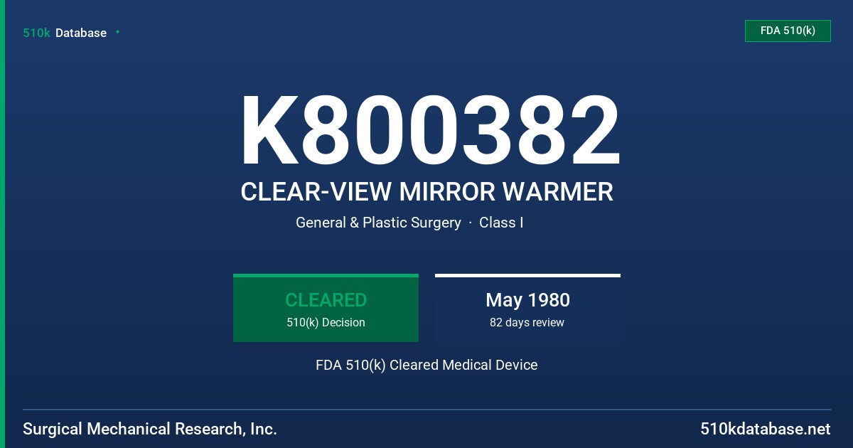 K800382 CLEAR-VIEW MIRROR WARMER FDA 510(k) Cleared Medical Device