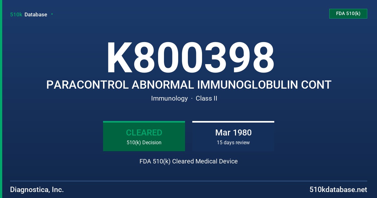 K800398 PARACONTROL ABNORMAL IMMUNOGLOBULIN CONT FDA 510(k) Cleared Medical Device