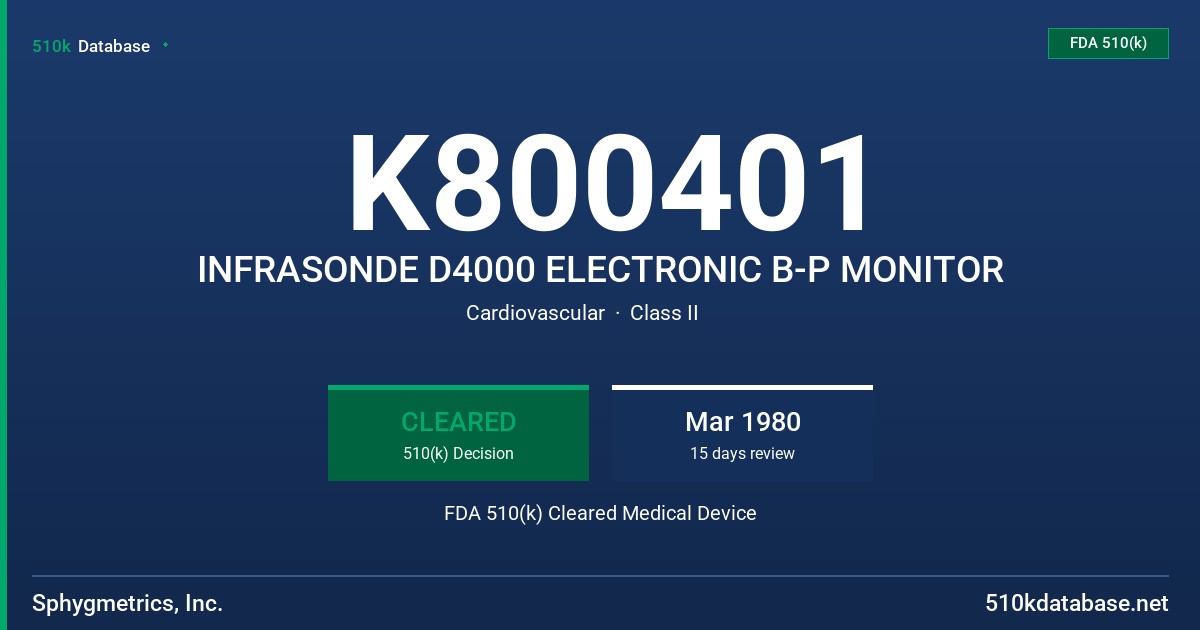K800401 INFRASONDE D4000 ELECTRONIC B-P MONITOR FDA 510(k) Cleared Medical Device