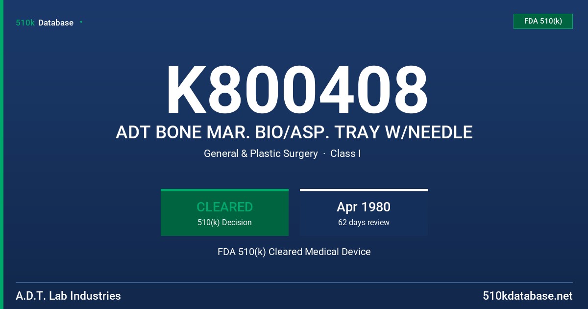 K800408 ADT BONE MAR. BIO/ASP. TRAY W/NEEDLE FDA 510(k) Cleared Medical Device