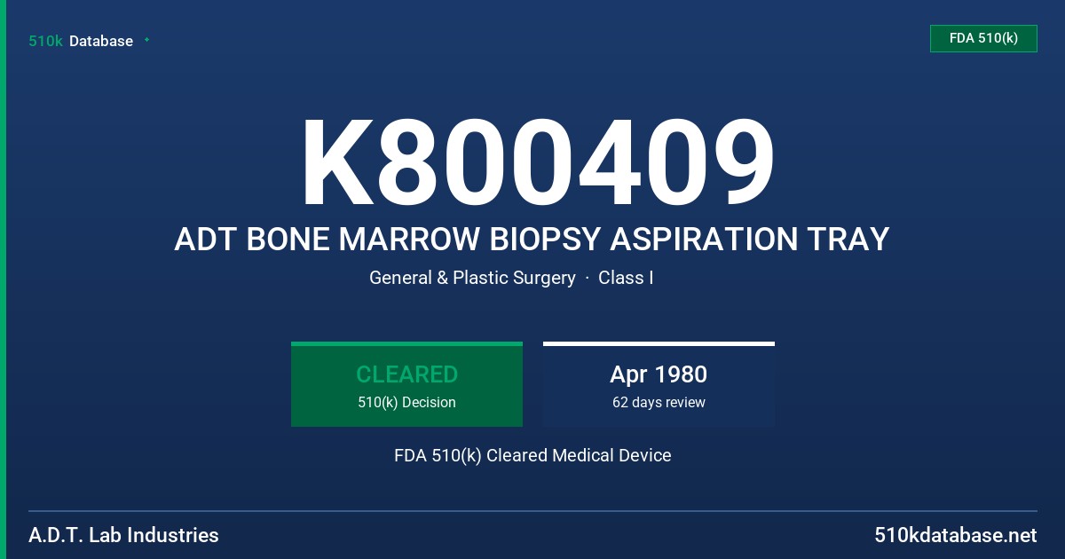 K800409 ADT BONE MARROW BIOPSY ASPIRATION TRAY FDA 510(k) Cleared Medical Device