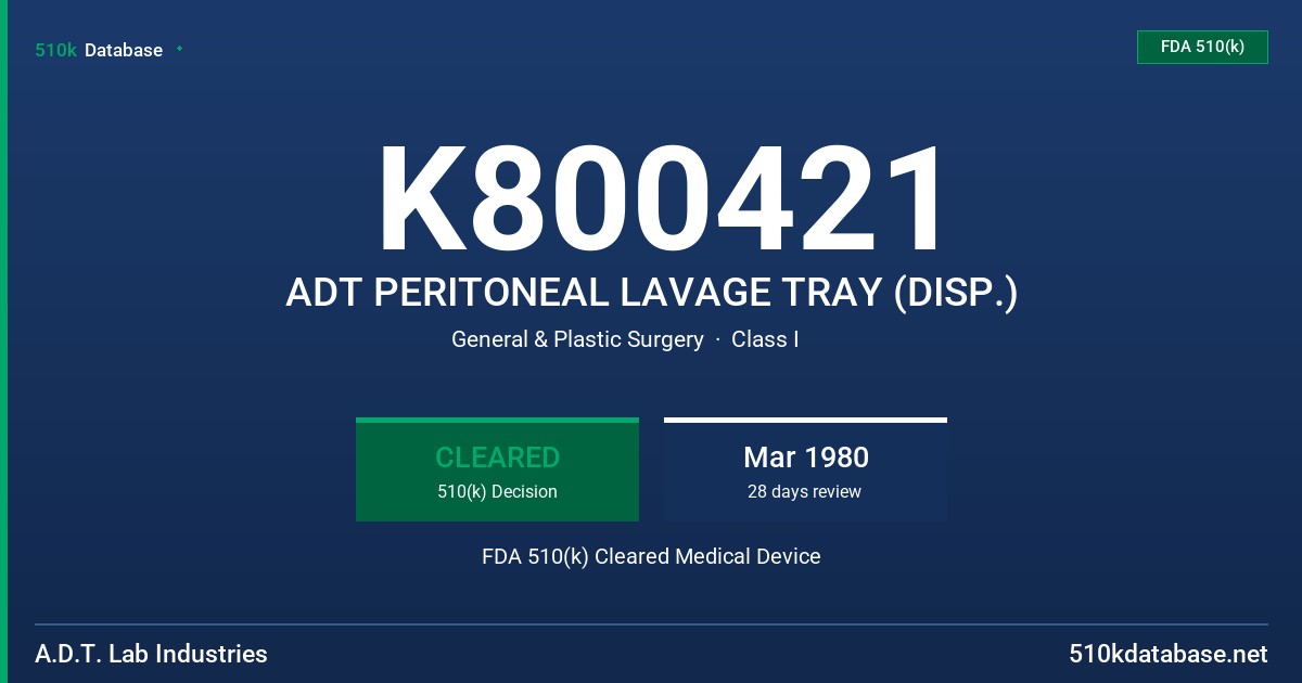 K800421 ADT PERITONEAL LAVAGE TRAY (DISP.) FDA 510(k) Cleared Medical Device