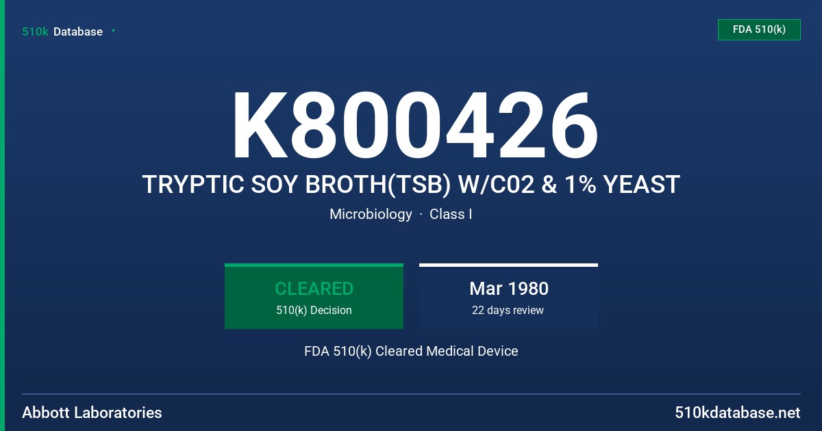 K800426 TRYPTIC SOY BROTH(TSB) W/C02 & 1% YEAST FDA 510(k) Cleared Medical Device