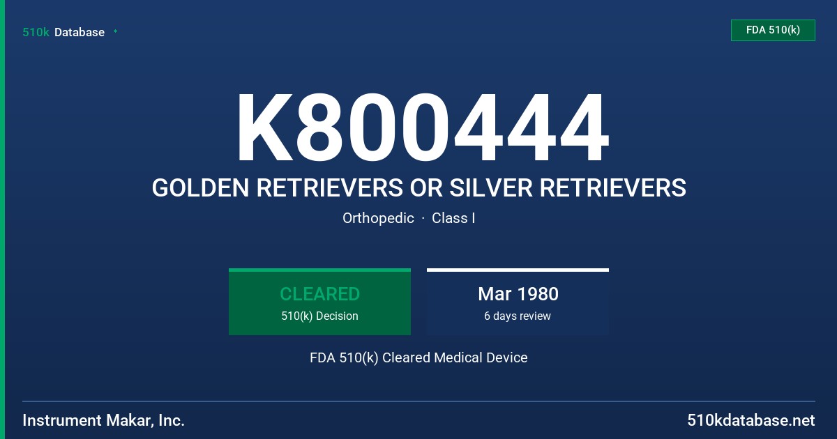K800444 GOLDEN RETRIEVERS OR SILVER RETRIEVERS FDA 510(k) Cleared Medical Device