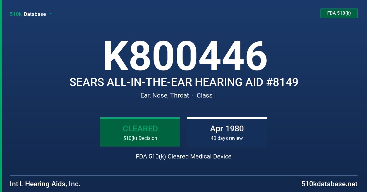 K800446 SEARS ALL-IN-THE-EAR HEARING AID #8149 FDA 510(k) Cleared Medical Device