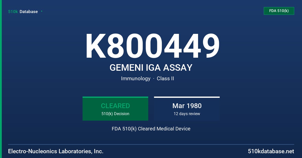 K800449 GEMENI IGA ASSAY FDA 510(k) Cleared Medical Device