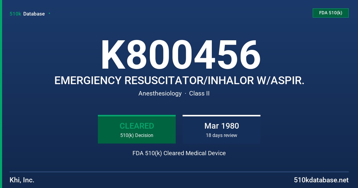 K800456 EMERGIENCY RESUSCITATOR/INHALOR W/ASPIR. FDA 510(k) Cleared Medical Device