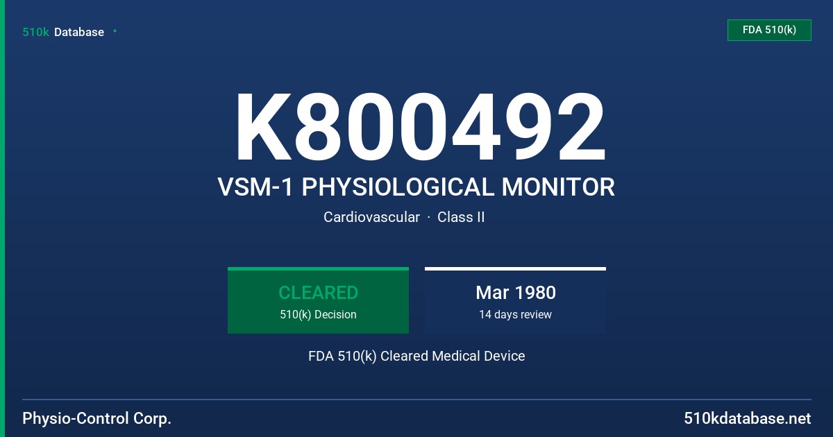 K800492 VSM-1 PHYSIOLOGICAL MONITOR FDA 510(k) Cleared Medical Device