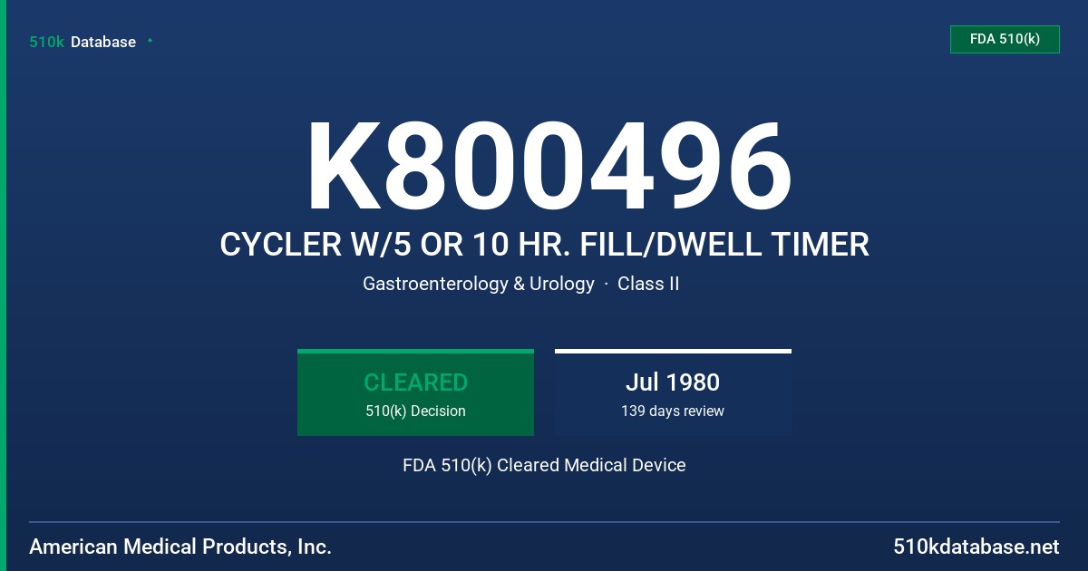 K800496 CYCLER W/5 OR 10 HR. FILL/DWELL TIMER FDA 510(k) Cleared Medical Device