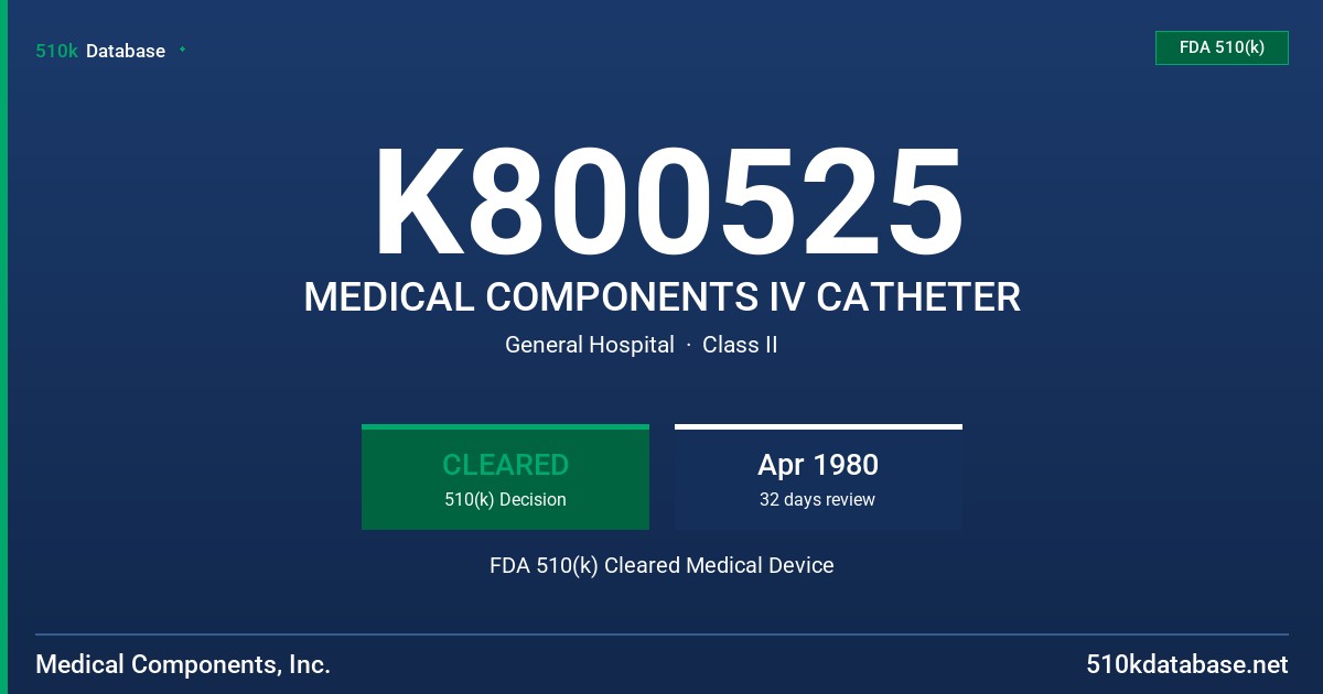 K800525 MEDICAL COMPONENTS IV CATHETER FDA 510(k) Cleared Medical Device