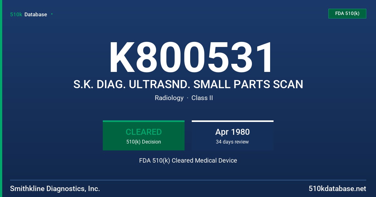 K800531 S.K. DIAG. ULTRASND. SMALL PARTS SCAN FDA 510(k) Cleared Medical Device