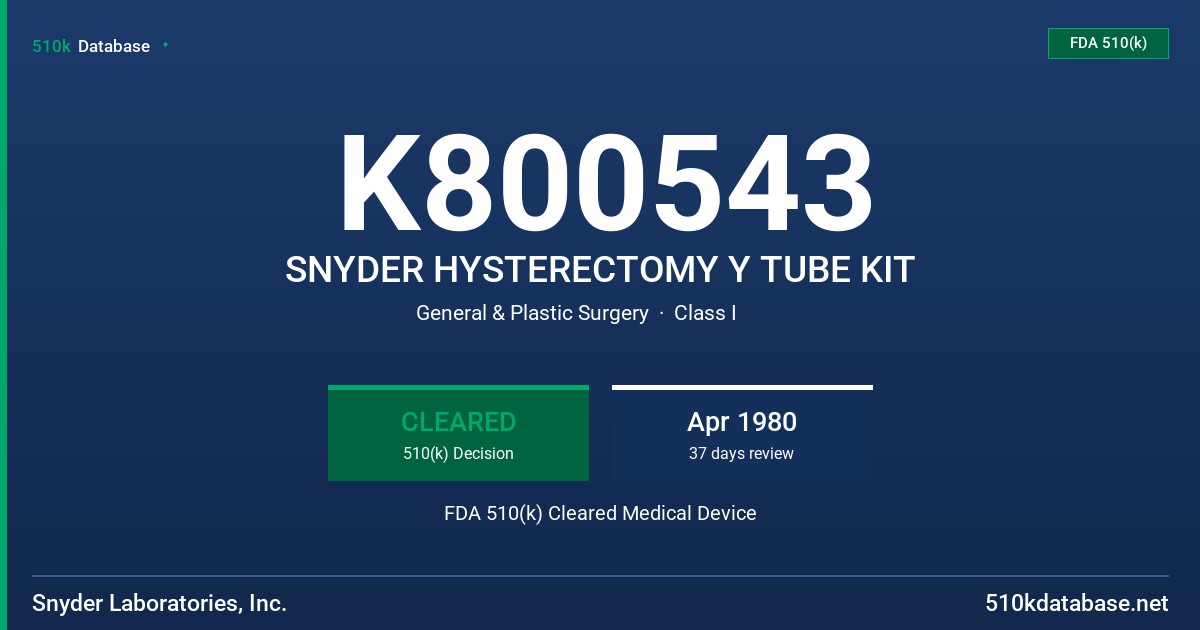 K800543 SNYDER HYSTERECTOMY Y TUBE KIT FDA 510(k) Cleared Medical Device