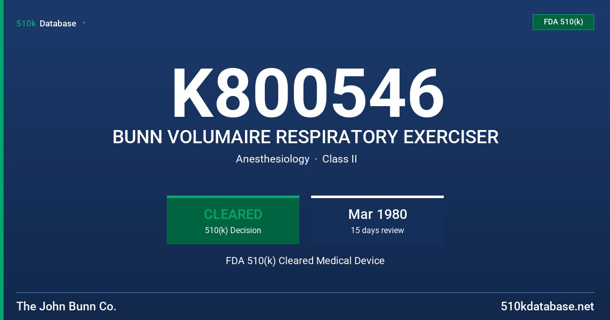 K800546 BUNN VOLUMAIRE RESPIRATORY EXERCISER FDA 510(k) Cleared Medical Device